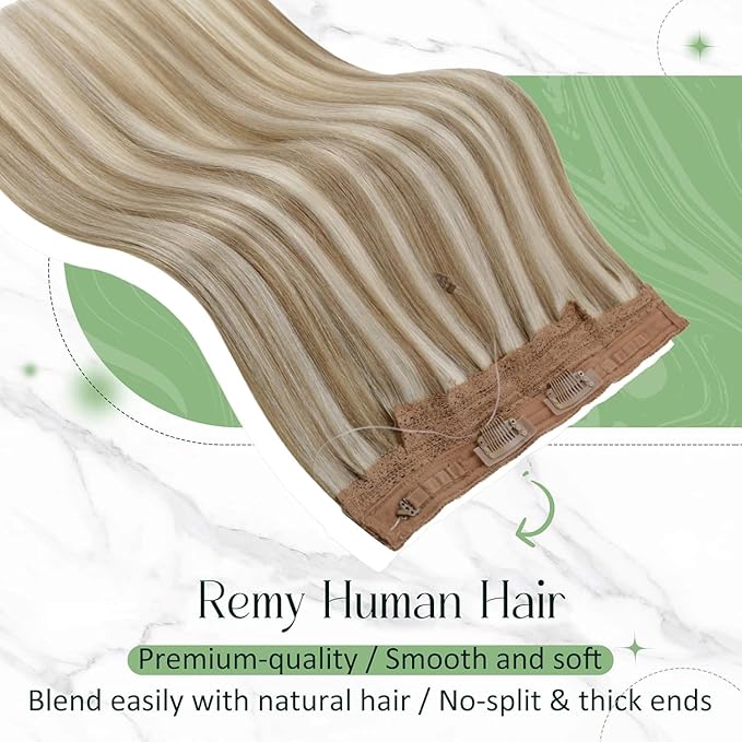 RUNATURE Invisible Wire Hair Extensions Real Human Hair, One Piece Fish Line Hair Extensions, Full Head Remy Hair for Women, Natural Looking, Brown Highlight Blonde 16 Inch 80g #8P24