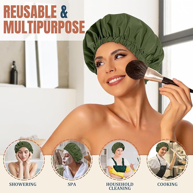 Reusable Shower Cap for Women, Stylish Large Waterproof Shower Bonnet Washable Wide Elastic Band Hair Cap for Long Hair, Braids Bath Hat(Army Green)