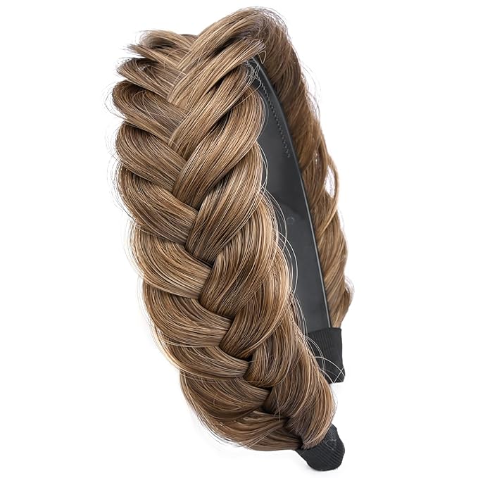 DIGUAN Wide Messy Braided Headband With Teeth Synthetic Hair Plaited Headband High Elasticity Braids Chunky Fishtail Braided Hair Band Hairpiece for Girls Women Beauty Accessory (Claybank)