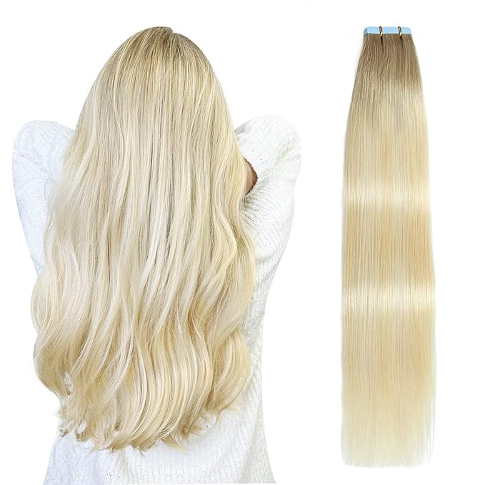 SUYYA Tape in Hair Extensions Human Hair Balayage Ash Blonde to Medium Blonde and Platinum Blonde 20 Inch 50g/pack 20pcs Straight Seamless Skin Weft Tape in Real Hair Extensions(20inch #P22/60/T18)
