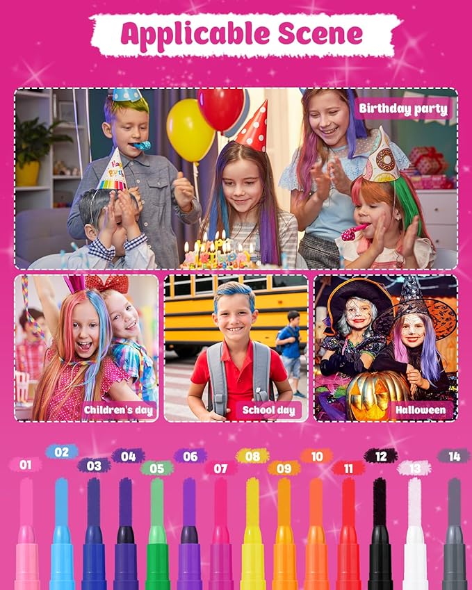 MSDADA Hair Chalk for Girls Kids-14 Temporary Colors Hair Color Dye Washable Makeup Kit DIY Birthday Cosplay Halloween Gifts for Girls Party Supplies Aged 3 4 5 6 7 8 9 10-12