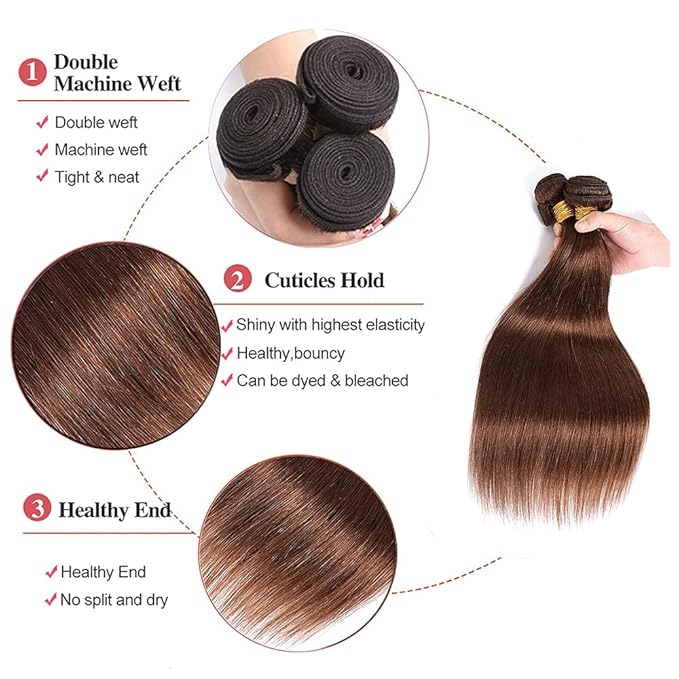 30 32 34 Inch Chocolate Brown Bundles Human Hair Brown Straight Bundles Niegmeag Brazilian Virgin Soft and Sikly Remy Hair Extensions Number 4 Color