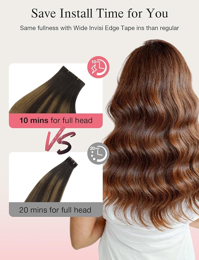 DOORES Invisi Edge Tape in Wide Hair Extensions Human Hair, Dark Brown to Chestnut Brown 4PCS Injection Tape ins 20g 14 Inch, Virgin Human 3 Inch Wide Injected Extensions Invisible