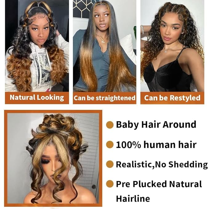 200% Density Full 360 Lace Front Wigs Human Hair For Women Ombre Lace Front Wig Human Hairs Glueless Wigs With Baby Hair Highlight Body Wave Lace Ombre Wig(24 Inch)