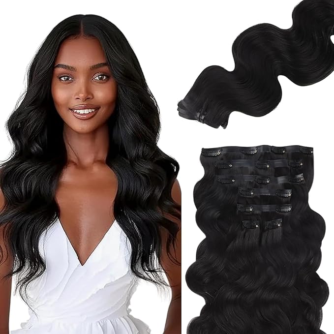 Lashey Seamless Clip in Hair Extensions Human Hair #1 Jet Black Body Wave 7pcs 110g 20 Inch Invisible PU Weft Human Hair Clip in Extensions for Women