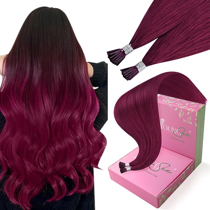 YoungSee I Tips Hair Extensions Magenta I Tip Hair Extension Human Hair Red 14 Inch 25g I-Tip Extension Colorful 40s Itips Extension Magenta Short Hair Cold Fusion Hair-Extensions