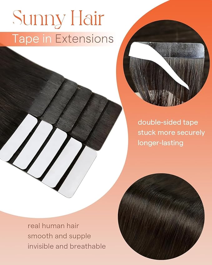 Sunny Hair Tape in Hair Extensions Real Human Hair Invisible Remy Hair Extensions Tape ins for Women Dark Brown 20 inch 25G