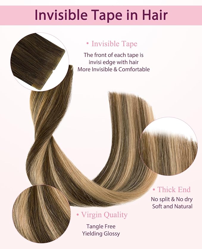 Pinkpearl Invisible Tape in Hair Extensions Human Hair, 20pcs 22inch 60g #4/27/4 Balayage Chocolate Brown to Caramel Blonde Injection Tape in Extensions Real Remy Seamless Human Hair Injected