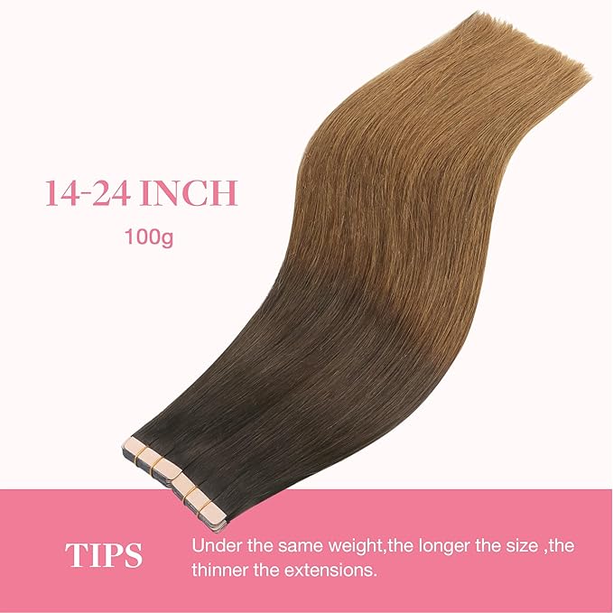 GOO GOO Tape in Hair Extensions Human Hair, 1D/2C/4E Chocolate Dip Color Melt, 10inch 60g 40pcs, Skin Weft Seamless Invisible, Silky Straight with Thick Ends, Remy Human Hair