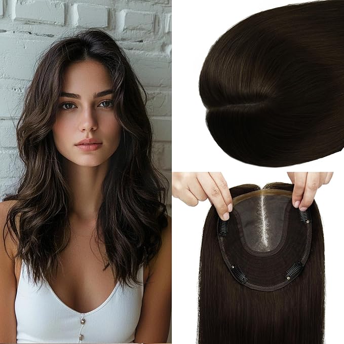 HAIR Toppers for Women Real Human Hair 6x7 inch 150 Density Base 12 inch 55grams darkest brown Human Hair Topper for Women with Thinning Hair(#2 12inch)