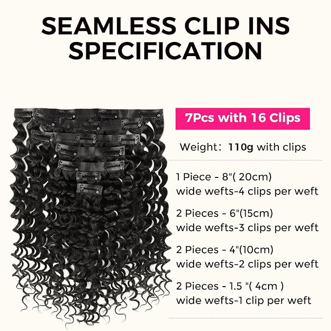 Lashey Clip in Hair Extensions 110g 7pcs Deep Wave Seamless Clip in Hair Extensions Human Hair 16 Inch Natual Black Thick Human Hair Extensions for Women