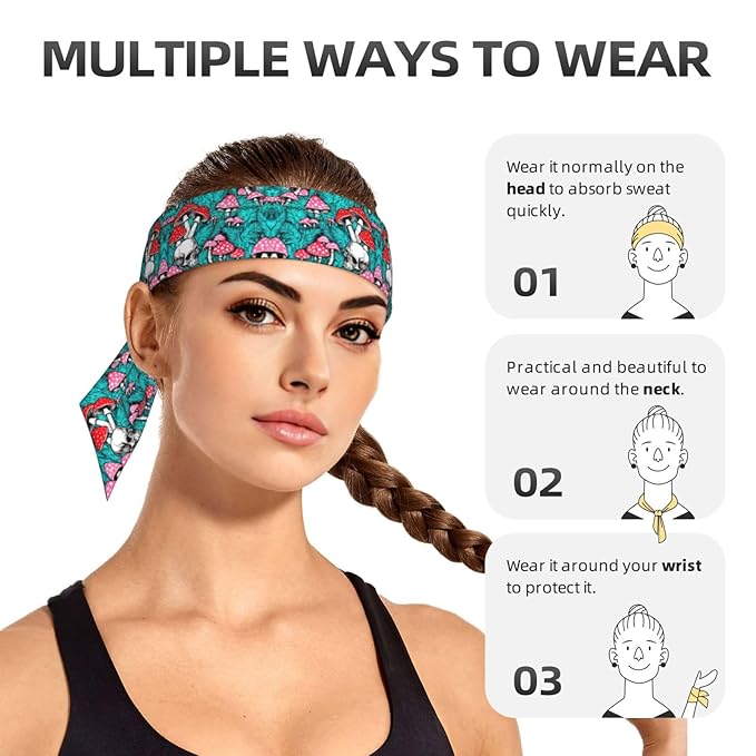 Men's Women Green Leaf Trippy Mushroom Eye Skull Sports Sweatbands Multipurpose Novelty Head Ribbon Headdress for Yoga Workout Shower