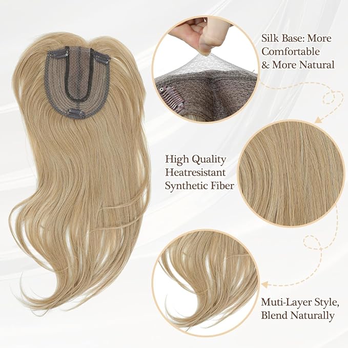 UDU Hair Toppers for Women, Synthetic Fiber, Golden Blonde, Straight, 18 Inch, 5x5 Inch Base, Clip-in Wiglets with Fringe Bangs