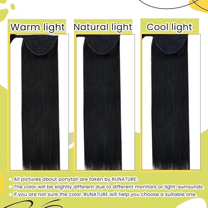 RUNATURE Ponytail Extension Human Hair Black, Real Hair Ponytail Extension for Women, 16 Inch 80g Wrap Around Human Hair Ponytail, Tangle-free, Clip in Pony Tail Extension #1 Jet Black