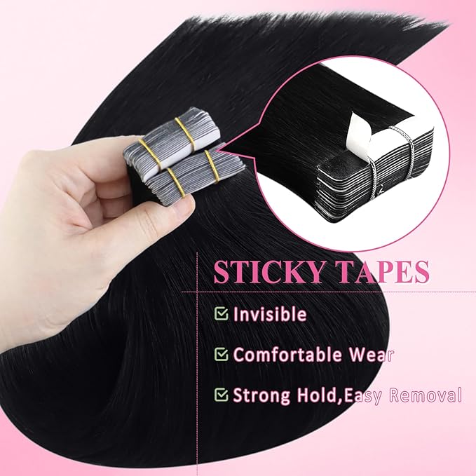 YoungSee Invisible Tape in Hair Extensions Black Tape in Extensions Real Human Hair Jet Black 22 Inch Tapes on Hair Extension 20pcs 50g Real Human Hair Extension Tape-in Long-Lasting Hold Hair