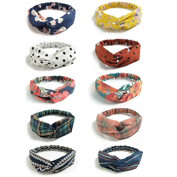 DRESHOW 10 Pack Boho Headbands for Women Vintage Cross Elastic Head Wrap Hair Accessories