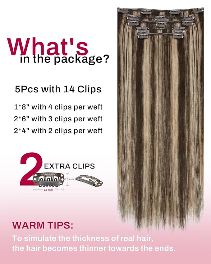 Moresoo Real Human Hair Clip in Extensions Dark Brown Honey Blonde Highlights Clip ins Human Hair Chocolate Brown to Honey Blonde Short Remy 80g/5pcs 12 inch