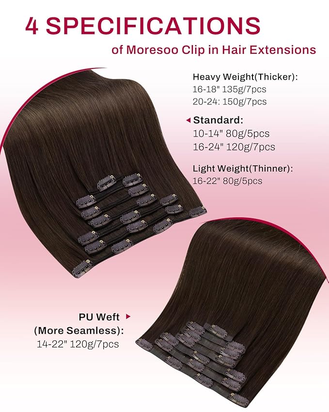 Moresoo Brown Hair Extensions Clip in Real Human Hair Medium Brown Remy Clip in Hair Extensions Human Hair #4 7pcs 120Grams 24inch
