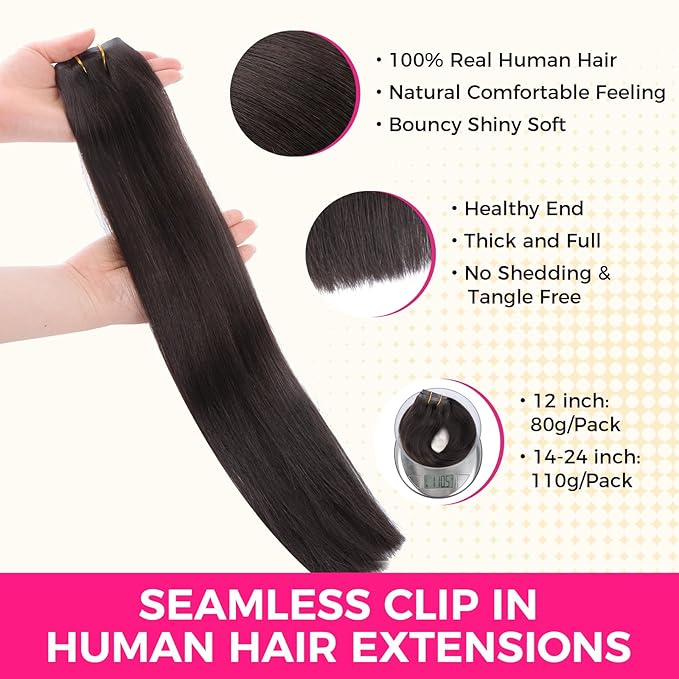 Lashey Clip in Hair Extensions Real Human Hair 7pcs 110g Straight Seamless, 14 Inch #2 Dark Brown Natural Thick Clip in Hair Extensions