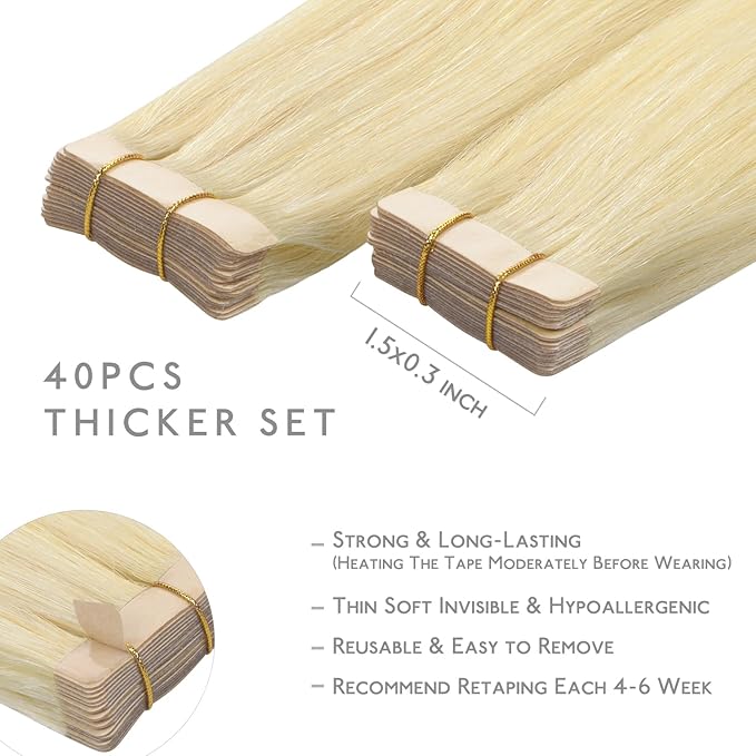 Wennalife Tape in Hair Extensions Human Hair,40pcs 100g 22 inch Bleach Blonde Hair Extensions Real Human Hair Straight Tape in Extensions Invisible Human Hair Extensions Reusable Real Hair Extensions