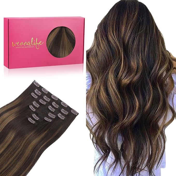 WENNALIFE Clip in Hair Extensions Real Human Hair, 24 Inch 120g 7pcs Dark Brown to Chestnut Brown Balayage Hair Extensions Clip In Human Hair Remy Clip Real Human Hair Double Weft