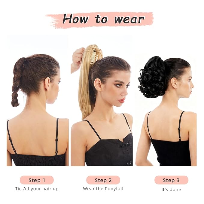 Ponytail Extension, Clip on Ponytails for Women, 9" Claw Clip in Short Curly Wavy Pony Hair Extension for Women - Medium Blonde with Blonde Highlights