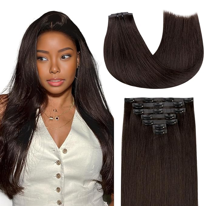 Lashey Seamless Clip in Hair Extensions Human Hair #2 Dark Brown Light Yaki Straight Clip in Extensions Real Human Hair 7pcs 110g 20 Inch PU Weft Natural Hair Extensions for Women