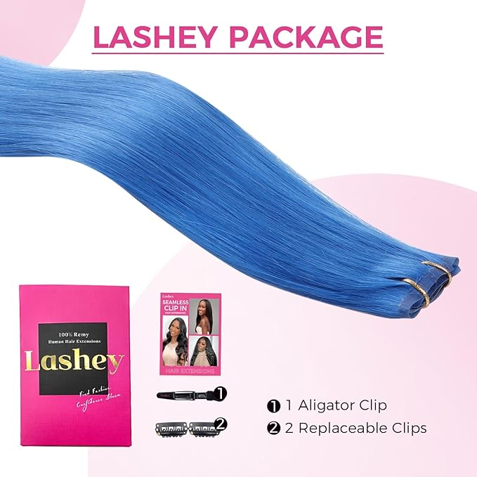 Lashey Seamless Clip in Hair Extensions Human Hair 46g 4pcs 18 Inch Blue Straight Hair Extensions Clip ins with Invisi Edge