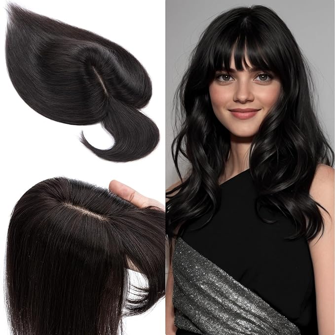 SEGO 100% Real Human Hair Toppers, with Air Bangs, Silk Base 150% Density, Clip in Topper, 2.7肺5.1・ HairPieces for Women, with Thinning/Hair Loss Cover Gray