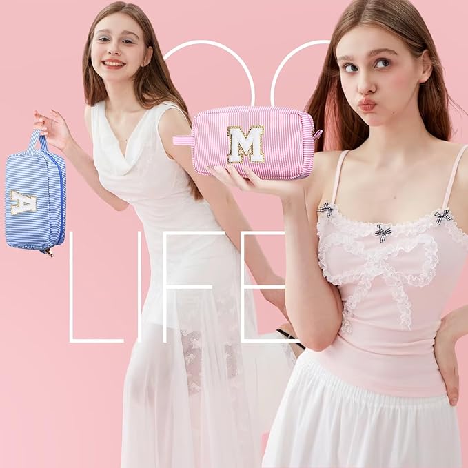 YOOLIFE Initial Cosmetic Bag for Women - Monogram Cute Pink Makeup Bag Cosmetic Toiletry Pouch Make Up Case for Women Her Best Friend Friendship Sister Teacher, Personalized Birthday Gifts for Women I