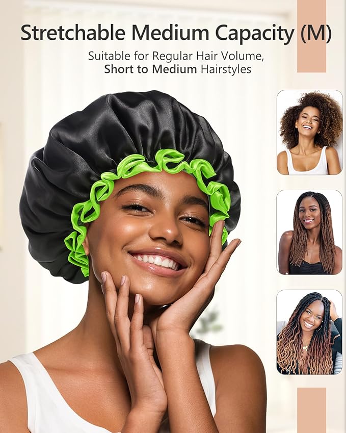 mikimini Black Shower Cap for Women, Men & Girls, 2 Packs Reusable Double Layers Waterproof Bathing Shower Hat with Soft Comfortable PEVA Lining, non-fading, Stretchy Shower Cap
