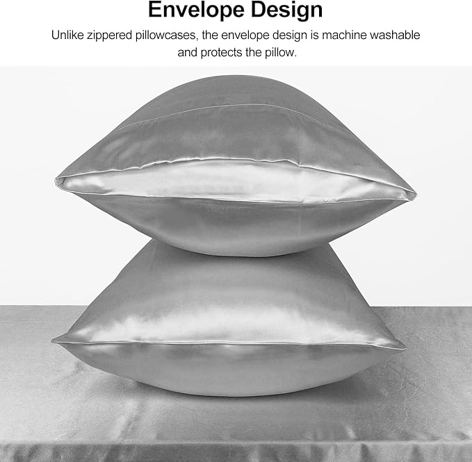 Lirex Satin Pillowcase for Hair and Skin, Super Soft and Cooling Similar to Silk, 2 Pack Standard Size 20"X 26" Pillow Cases with Envelope Closure, Gifts for Women Men, Dark Gray