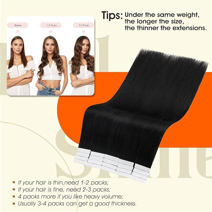 Full Shine Tape in Hair Extensions Human Hair 14Inch Black Remy Human Hair Extensions Invisible Color 1B Natural Tape in Extensions Real Human Hair 20Pcs 50G Double Sided Hair Extension Tape ins