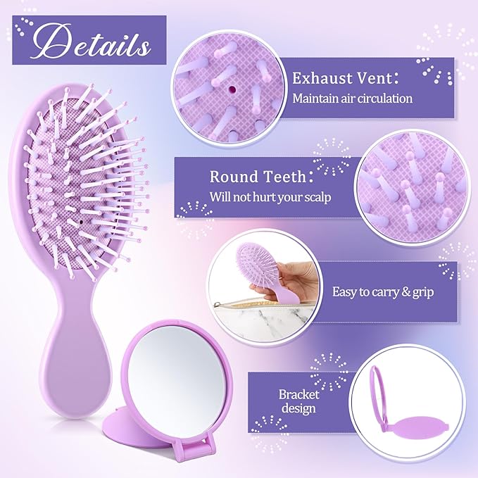 Meanplan 48 Pcs Mini Hair Brush Set 24 travel Wet Dry Hair Combs Pocket Detangling 24 Compact Folding Makeup Mirrors for Spa Sleepover Birthday Bridal Shower Bachelorette Christmas Party Gift(Purple)