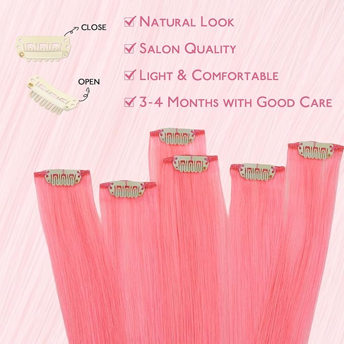 WENNALIFE Light Pink Clip in Hair Extensions Real Human Hair 35g 6pcs 22 Inch Colored Hair Extensions for Kids Women Colorful Hair Pieces Pop-up Style Straight Extensiones De Cabello Humano Con Clip