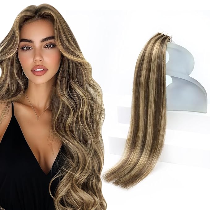 Sunny Hair Tape in Hair Extensions Real Human Hair Invisible Remy Hair Extensions Tape ins for Women Dark Brown Highlight Caramel Blonde 14 inch 20Pcs 50G
