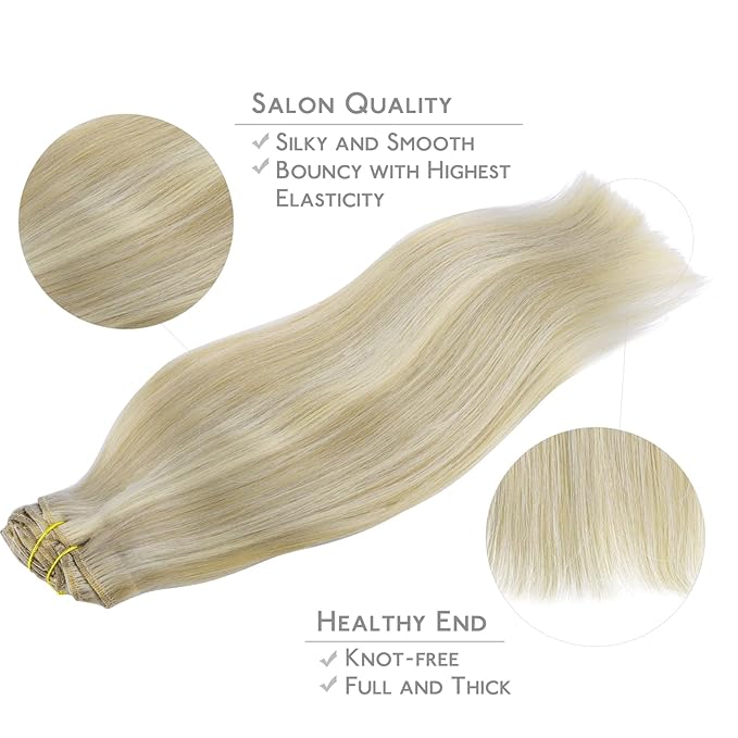 WENNALIFE Clip in Hair Extensions Real Human Hair, 22 Inch 130g 7pcs Remy Hair, Ash Blonde Highlighted Platinum Blonde Straight Natural Extensiones De Cabello Humano Con Clip Ins