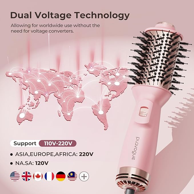 PLAVOGUE Mini Dual Voltage Hair Dryer Brush, 700 Watts Travel Hot Air Brush with European Plug，Ionic One Step Blow Dryer and Styling Brush with Ceramic Coating for Women for Home & Salon (Pink)
