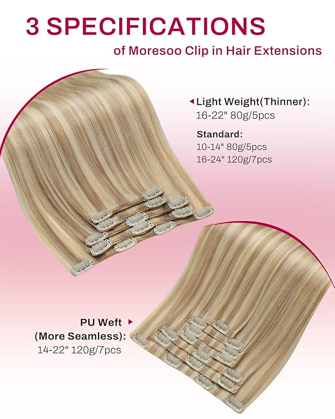 Moresoo Clip in Hair Extensions Real Human Hair Remy Human Hair Clip in Extensions Dark Ash Blonde Highlight with Golden Blonde Hair Extensions for Women 5pcs 80g 18inch