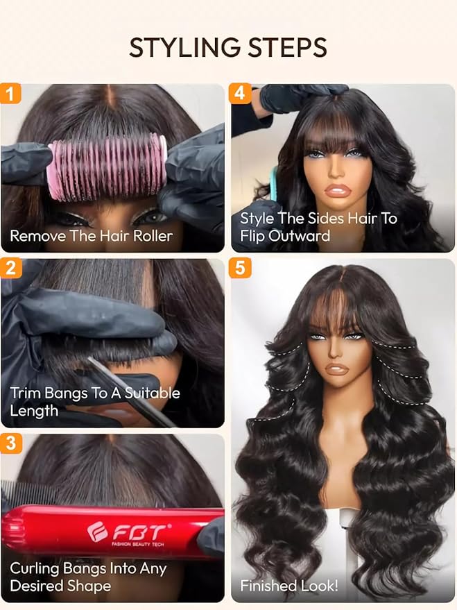 Julia Hair Bye Bye Knots Curtain Bangs Wig Glueless Fluffy Natural Loose Wave Pre Cut 7x5 HD Lace Front Wigs Invisible Pre Plucked Pre Everything Body Wave Put on and Go Wig for Women 18 Inch