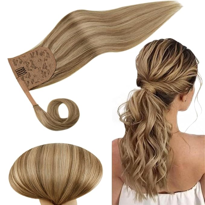 RUNATURE Human Hair Ponytail Extension Blonde Ponytail Hair Extension Dark Blonde Highlight Caramel Blond Short Ponytail Human Hair Extensions Straight Pony Tails Hair Extension 12 Inch 70g