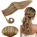RUNATURE Human Hair Ponytail Extension Dark Blonde with Caramel Blonde Hair Ponytail Extension Human Hair with Magic Paste Short Straight Pony Tails Hair Extensions Straight Full Ends 14 Inch 70g
