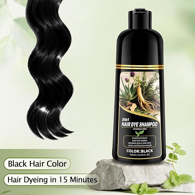 Black Hair Dye Shampoo, Ammonia Free Natural Herbal Ingredients Black Hair Dye for Women Men Gray Hair Coverage, Semi-Permanent Hair Color Shampoo