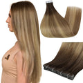 Full Shine Injected Tape in Hair Extensions 5Pcs 18 Inch Virgin Injection Tape in Extensions Color 3 Brown Fading to 8 Ash Brown And 22 Blonde Unprocessed Seamless Tapes in Human Hair 12.5 Gram