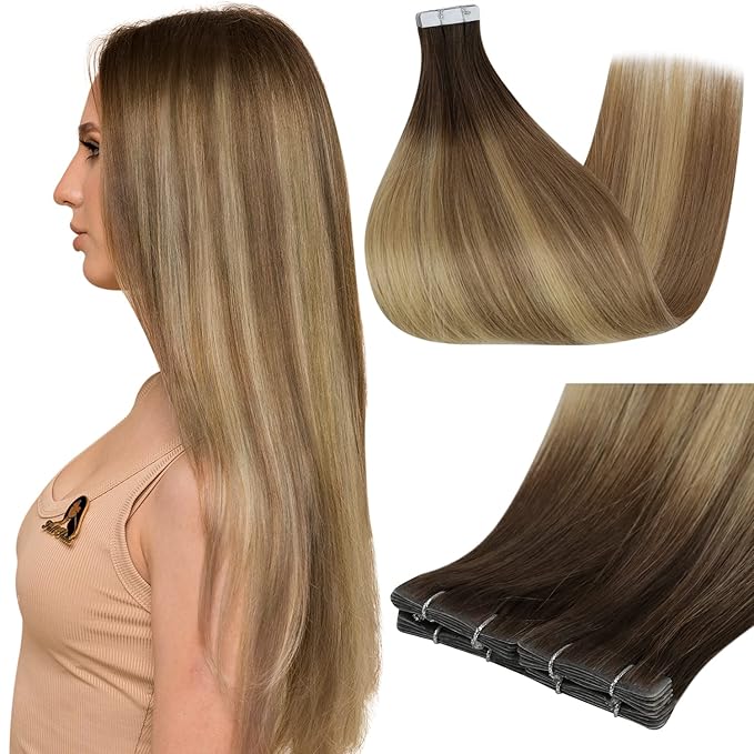 Full Shine Injected Tape in Hair Extensions 5Pcs 18 Inch Virgin Injection Tape in Extensions Color 3 Brown Fading to 8 Ash Brown And 22 Blonde Unprocessed Seamless Tapes in Human Hair 12.5 Gram