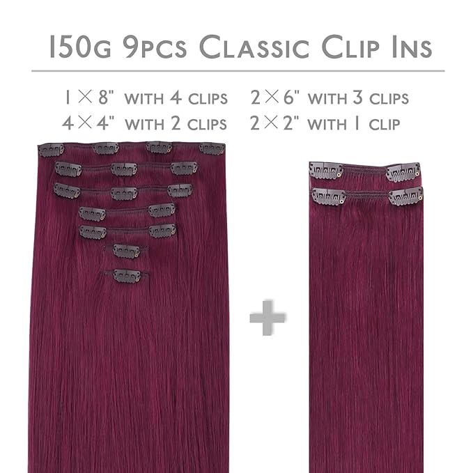 WENNALIFE Clip in Hair Extensions, 150g 14 Inch 9pcs Light Burgundy Remy Hair Thicker Double Weft Extensiones De Cabello Humano Con Clip Ins Straight Full Volume
