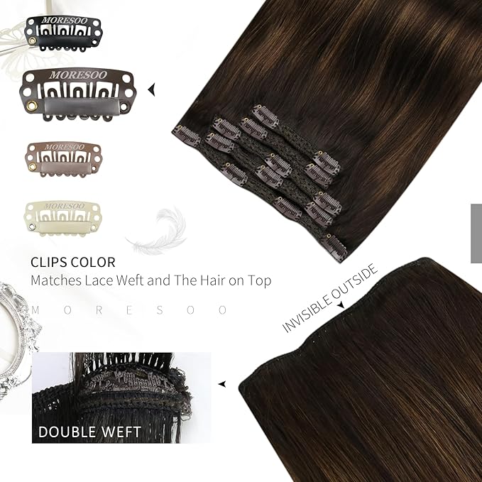 Moresoo Clip on Hair Extensions for Women Remy Double Weft Straight Balayage Short Hair Extensions Real Human Hair Clip ins Ombre Dark Brown with Chestnut Brown 5pcs 80g 10inch