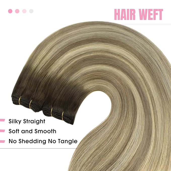 YoungSee Sew in Hair Extensions Real Human Hair Ombre Human Hair Weft Extensions Walnut Brown to Light Brown with Blonde Hair Extension Sew in for Women 24inch 100g
