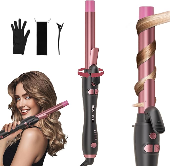 Extra-Long Barrel Rotating Curling Iron with Short Clamp, Automatic Curling Iron 1 Inch Creates Loose Curls – for Medium and Long Hair, High Heat 410°F, Instant Heat up, Double Ceramic, Dual Voltage