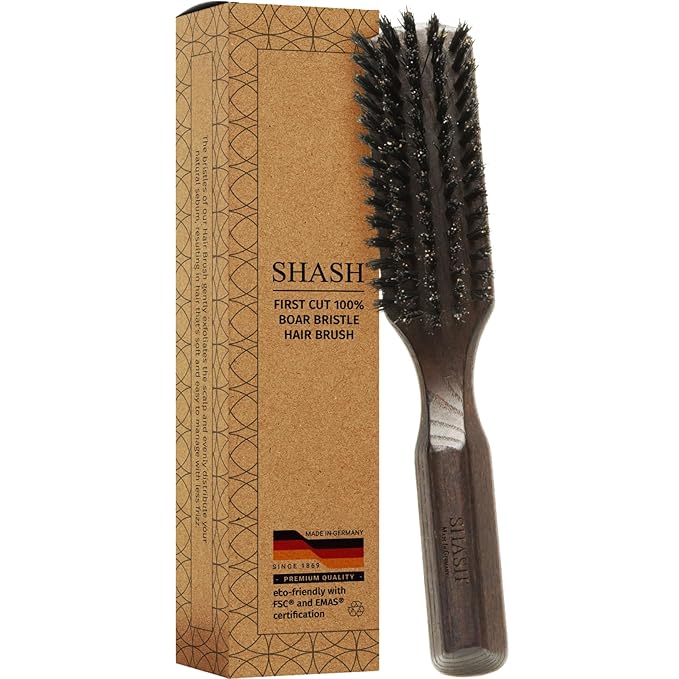 SHASH 100% First Cut Boar Bristle Hair Brush, Suitable For Thin To Normal Hair - Naturally Conditions Hair, Improves Texture, Exfoliates, Stimulates, Made in Germany (Black, Small)